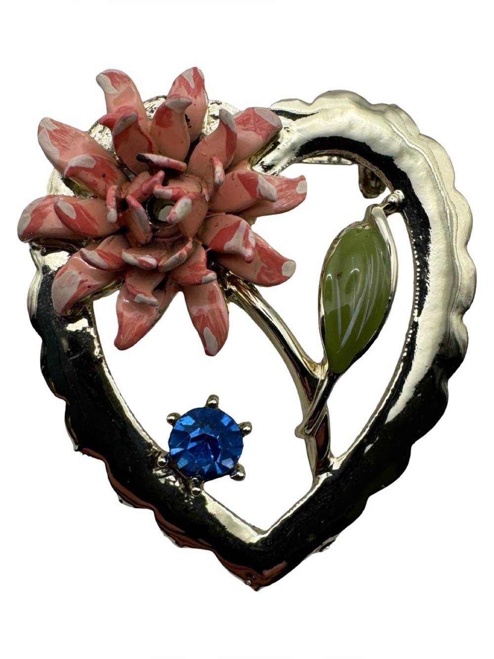 Vintage Coro Silver Tone Enamel Flower Heart Brooch Blue Rhinestone Pin
